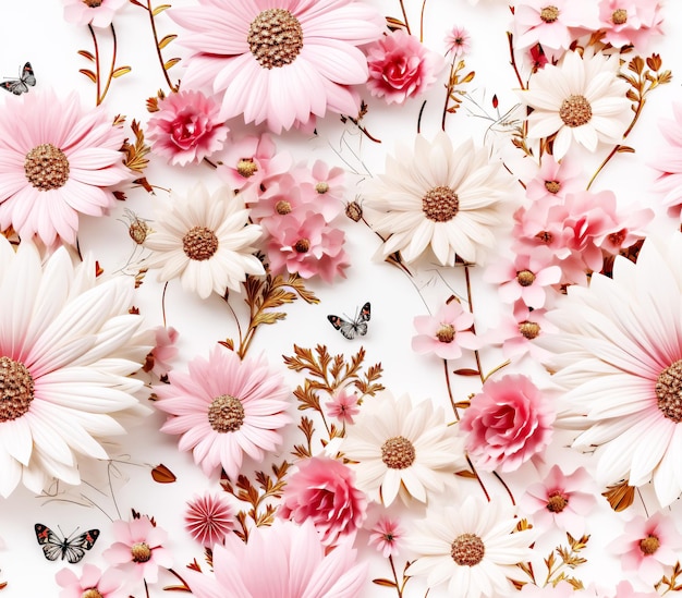 Pastel Pink Daisy Flower Seamless Pattern on White Background