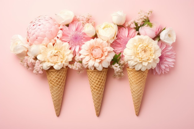 pastel pink flowers in ice cream cones with bouquet of flowers