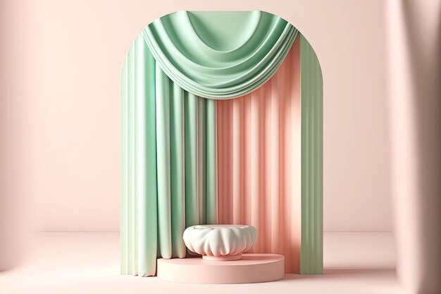 Pastel pink green podium with curtain in d rendering minimal room generative ai