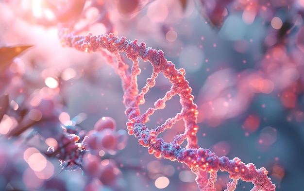 Pastel pink lightshaded backdrop featuring DNA chromosomes and a double helix Generative AI