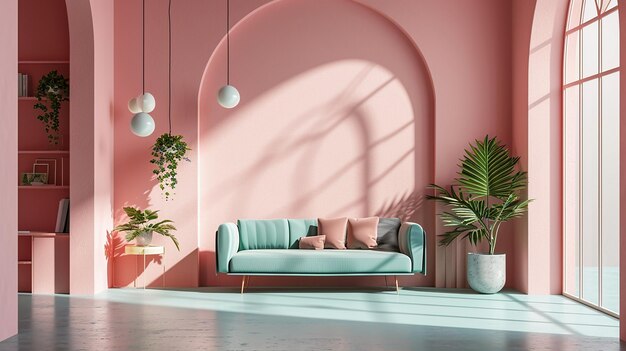 pastel pink living room interior design with sofa minimal aesthetic 3d rendered