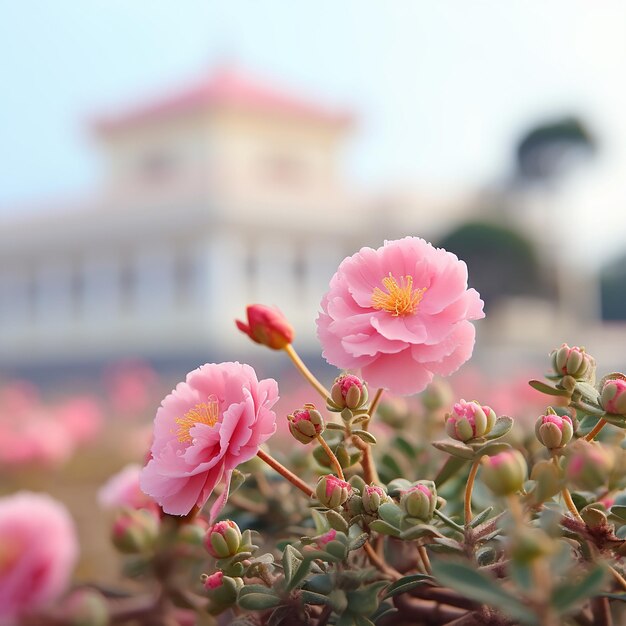 Photo pastel pink of portulaca oleracea blooming up raising to pale sky with background of blurry temple