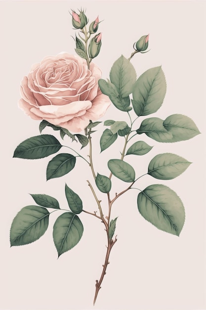 Foto pianta di rosa rosa pastello, illustrazione ad acquerello