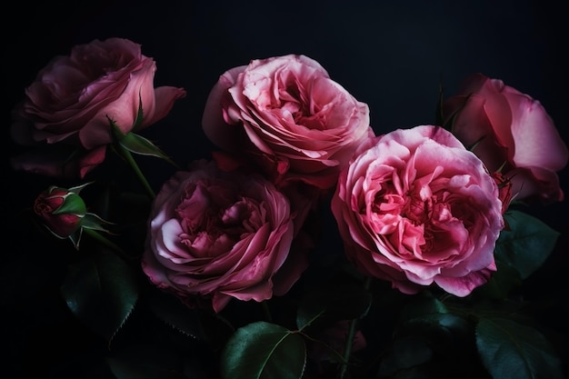 Pastel pink roses closeup dark romantic background Ai generated