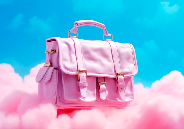 Foto borsa scolastica rosa pastello che galleggia su uno sfondo azzurro surreale, natura morta moderna generata dall'ia