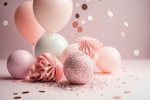 Pastel pink table with balloon frame and birthday confetti Illustration AI Generative