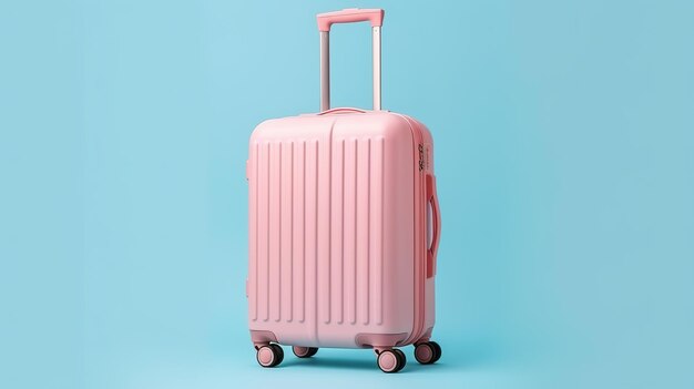 Pastel pink travel suitcase on blue background generative ai