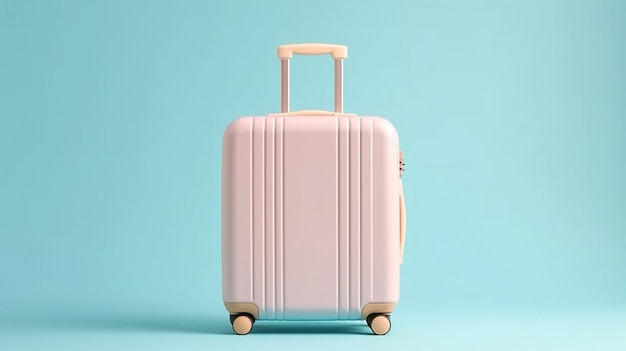 Pastel pink travel suitcase on blue background Trip concept