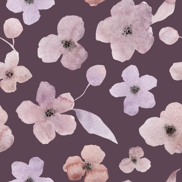 Фото Пастельно-розовые, фиолетовые акварельные цветы на фиолетовом фоне бесшовные модели. элегантный бледно-цветочный повторяющийся принт для текстиля, ткани, обоев, оберточной бумаги, дизайна и декора.