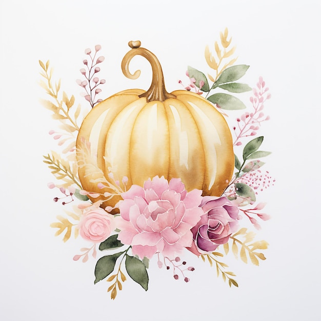 Pastel Pink Watercolor pumpkin floral arrangement on white background