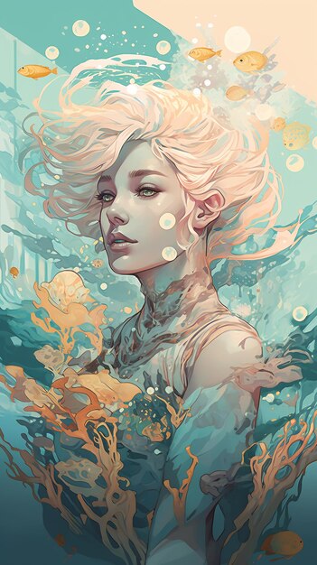 a pastel portrait of a ocean girl under water