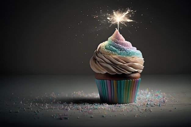 Photo pastel rainbow birthday cupcake with sparkler