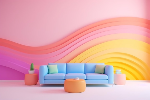 Pastel rainbow colors background room interior Sofa Candy colors Real estate illustration Generative