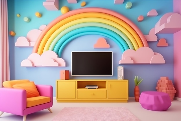 Pastel rainbow colors Livingroom interior Candy colors Real estate TV screen Generative AI