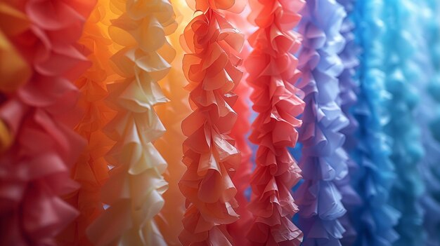 Photo pastel rainbow paper chains hanging from wallpaper