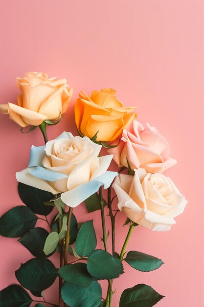 The pastel roses on a colored background, AI-generated.