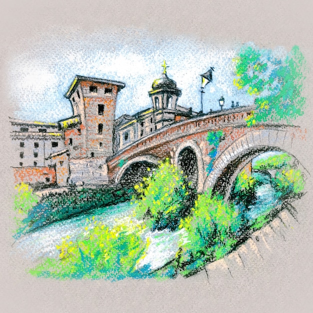 Pastel sketch of Tiber island in Rome, Italy