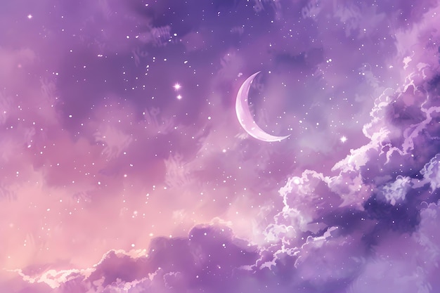 Photo a pastel sky with clouds and stars a crescent moon