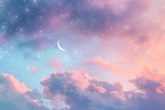 A pastel sky with clouds and stars a crescent moon