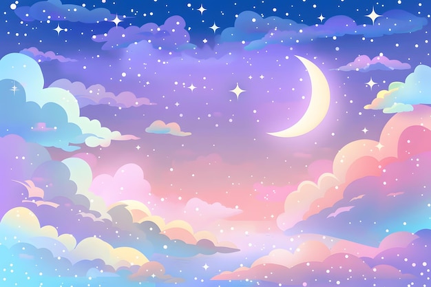 A pastel sky with clouds and stars a crescent moon