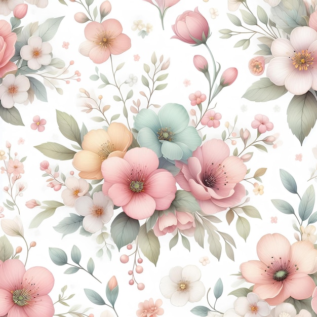 pastel spring flowers on white pattern background