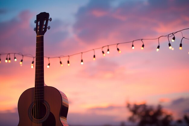 Foto silhouette di chitarra pastel sunset harmony con stelle