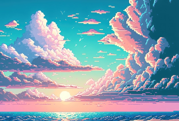 Pastel sweet blue pink sky pixel art style background with copy space