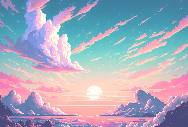 Pastel sweet blue pink sky pixel art style background with copy space