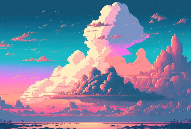 Пастельное сладкое голубое розовое небо в стиле пиксельного искусства с копировальным пространством