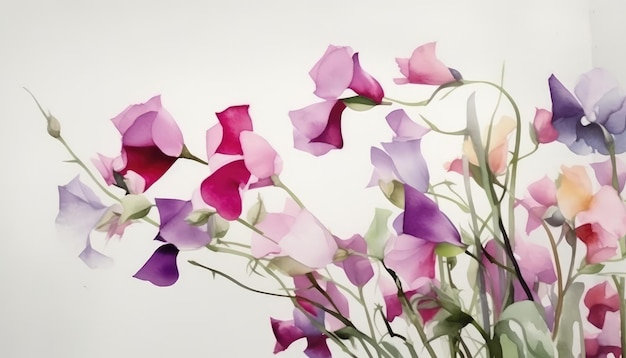 Pastel Sweet Pea Arrangement op witte achtergrond voor uitnodigingen en posters Generatieve AI