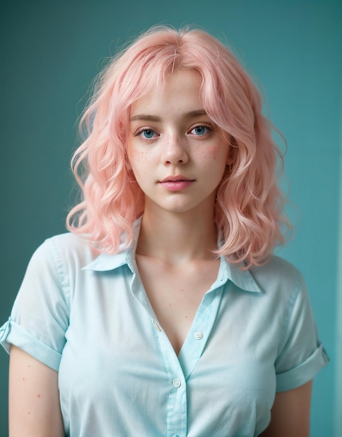 Pastel theme portrait of a pretty pink hair girl