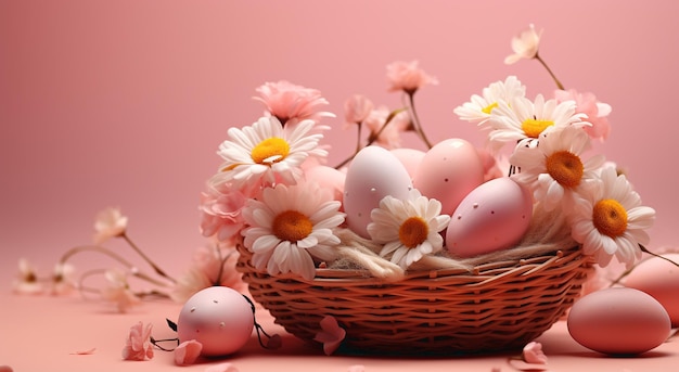 Pastel three white easter eggs in the nest with cuckooflower white and pink flowers with catkins on white patterned tablecloth High quality photo