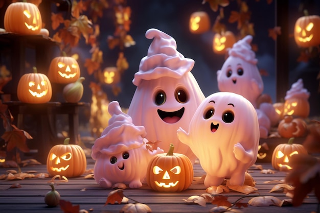 Pastel tones enhance the cuteness of ghostly pumpkins creating a charming scene