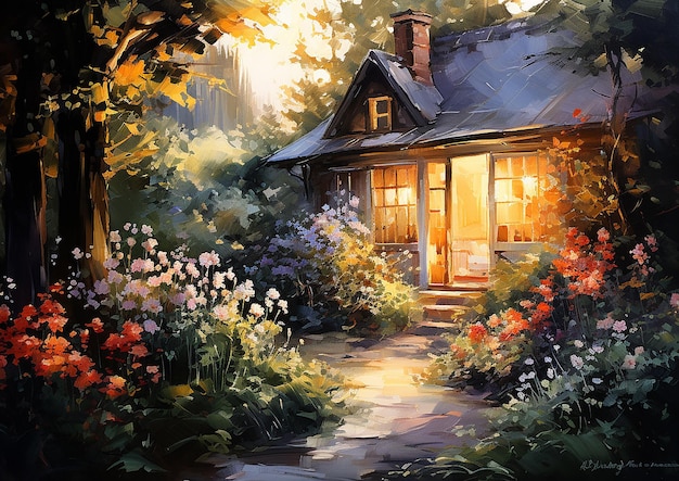 Pastel Tranquility Overgrown Garden and Home in Impressionistic Splendor