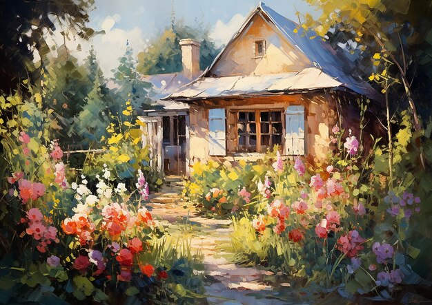 Pastel Tranquility Overgrown Garden and Home in Impressionistic Splendor