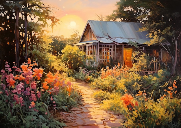 Pastel Tranquility Overgrown Garden and Home in Impressionistic Splendor