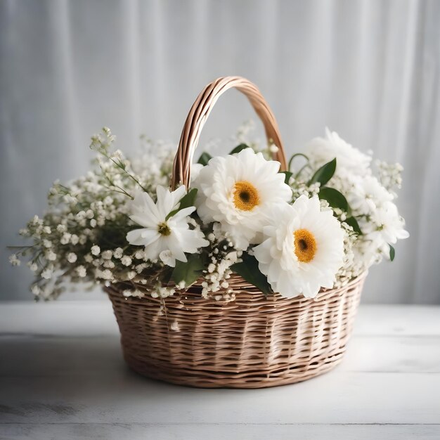 Pastel trend colored flowers in white basket isolated floristic wedding present background