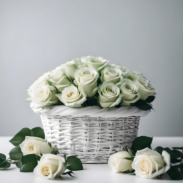 Pastel trend colored flowers in white basket isolated floristic wedding present background