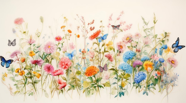 Пастельный акварельный рисунок маленьких ярких цветов и бабочек