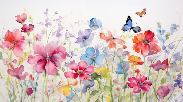 A pastel watercolor drawing of small colorful flowers and butterflies