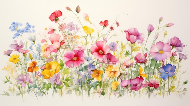 A pastel watercolor drawing of small colorful flowers and butterflies