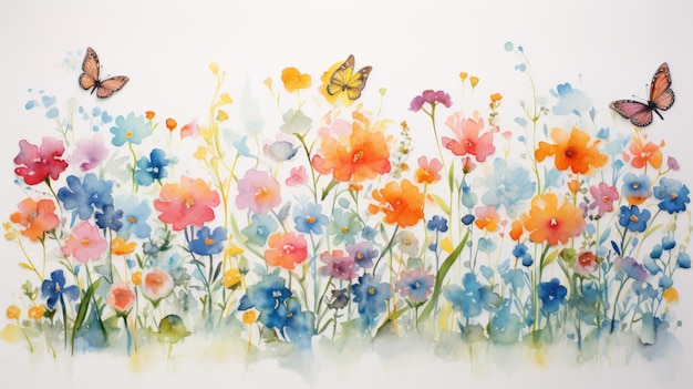 A pastel watercolor drawing of small colorful flowers and butterflies