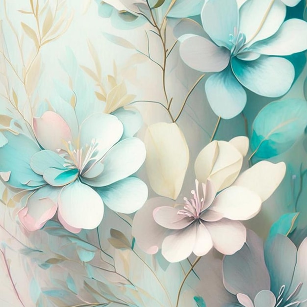 Pastel watercolor flowers with stems and leaves Watercolor art background