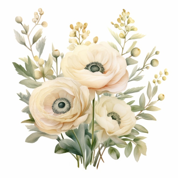 Pastel Watercolor Illustration Of White Anemones On White Background