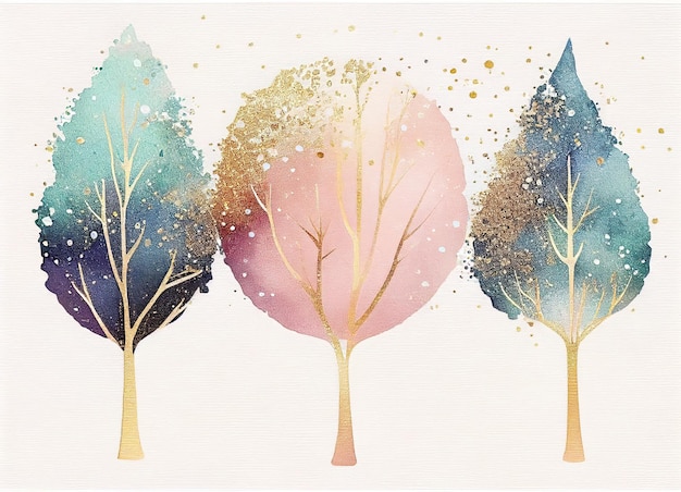 pastel watercolor trees gold glitter