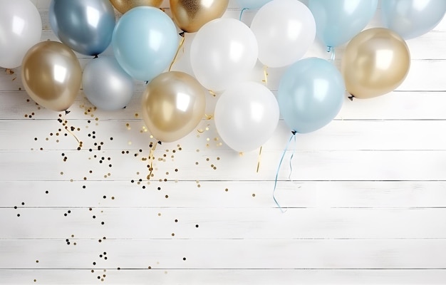 Photo pastel white beige blue and golden balloon with glitter on whi