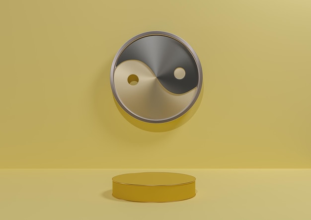 Pastel yellow 3D product display background minimal metallic Yin and yang symbol podium golden line