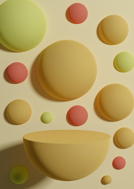 Pastel yellow minimal product display background abstract colorful bubbles or spheres podium stand