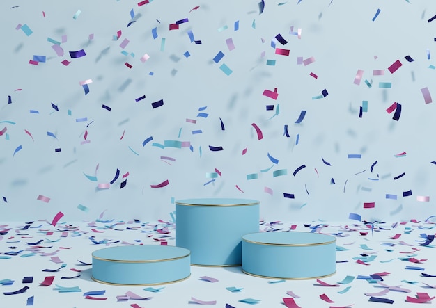 Pastelblauw 3D product display podia kleurrijke confetti viering jubileum gouden luxe