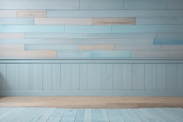 Pastelblauwe muur met houten vloerproduct achtergrond